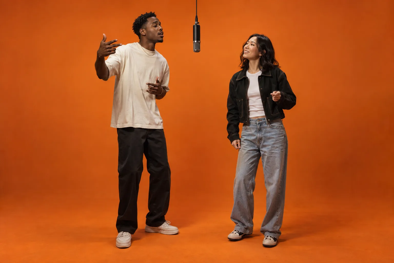Hotel Lobby-style concept artwork with two fictional adult performers and one microphone in an orange booth